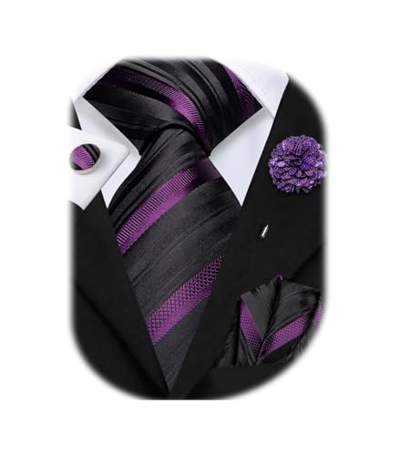 Image of Hi-Tie Men Silk Ties Set with Flower Lapel Pin Necktie Pocket Square Cufflinks for Tuxedo Wedding Business
