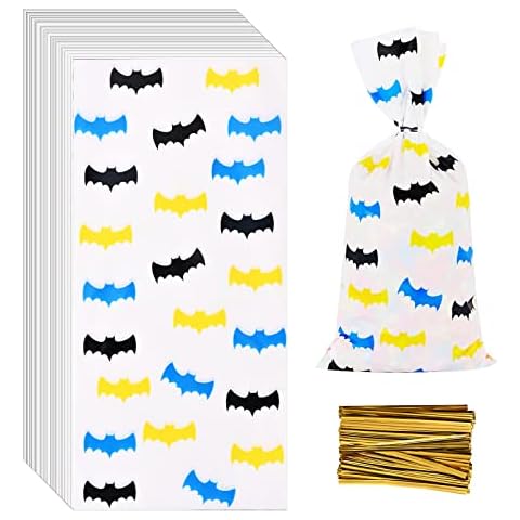 Lecpeting 100 Pcs Bat Treat Bags Bat Print Cellophane Candy Bags Plastic Goodie Storage Bags Bat Hero Party Favor Bags with Twist Ties for Kids Hero Theme Birthday Party Supplies Cover
