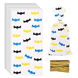Lecpeting 100 Pcs Bat Treat Bags Bat Print Cellophane Candy Bags Hero Party Favor with Twist Ties for Kids Hero Theme Birthday Party Supplies