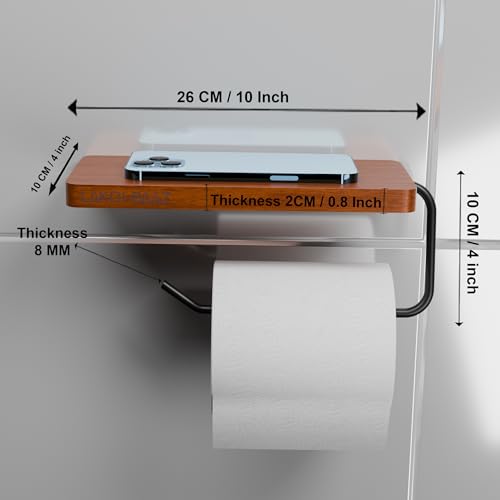 Image of Wooden Toilet Paper Holder with Phone Shelf for Bathroom - Matte Black Metal Tissue Roll Holder Wall Mount - Drill Only - Pack of 2 - Smartphone Shelf Organizer