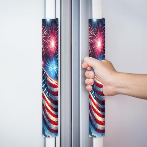 Image of Refrigerator Door Handle Covers Set of 2 Fireworks American Flag Washable Fridge Dishwasher Mocrowave Oven Stove Decor Protector Handle Cover Keep Kitchen Appliance Clean from Food Stains Decorate