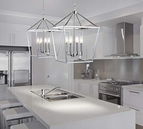 Image of JONATHAN Y Pagoda 4-Light Pendant 16 inch Cage, Chrome | Traditional Metal Farmhouse Hanging Lantern Ceiling Fixture, Adjustable Chain Link, For Kitchen Island, LED Bulb Included