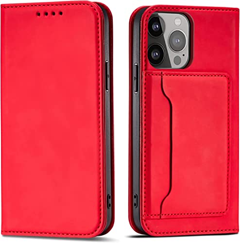 Housse cuir iPhone 14 rouge premium avec clapet magnétique et coque antichoc