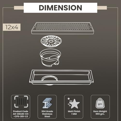 Image of EVANEX Bathroom Drainer | 12x4 Inch Linear Shower Drain Channel | Waste Water Linear Floor Drain Channel | 304 Stainless Steel Bathroom Drainer with Anti Cockroach Trap | Bathroom Jali