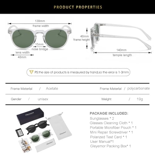 Image of Gleyemor Vintage Polarized Sunglasses for Men Round Sunglasses UV400 Protection Retro Hand-crafted Acetate Frame