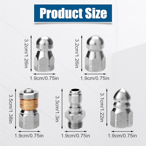 4pcs Sewer Jetter Nozzles with 1/4" NPT Quick Connector and Pipe Sealant Tape, Stainless Steel Drain Cleaner Nozzle for Pressure Washer Drain Jetting Hose, Spray Nozzle Tips Kit, 5000 PSI - Image 3