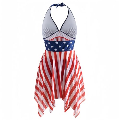 Plus Size Tankini Swimsuits for Women Halter American Flag Printed Swimsuits Asymmetrical Hem Bathing Suits (1-Multi, L)2