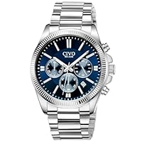 CIVO Mens Watches Chronograph Stylish: Silver Stainless Steel Quartz Wrist Watch Waterproof Date - Blue Face Watches for Men Dress