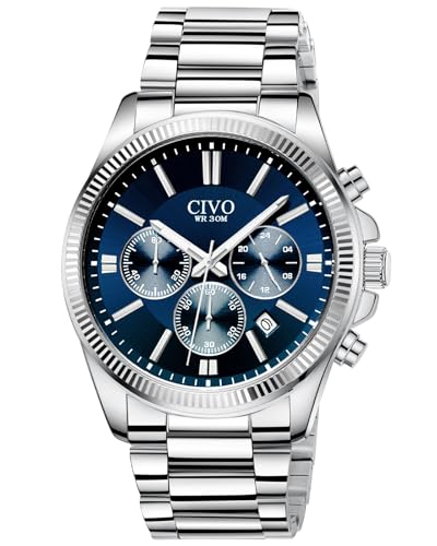 CIVO Reloj Hombre Analogico Plata: Relojes de Pulsera Acero Inoxidable - Reloj Cronografo Hombre Elegante Esfera Azul