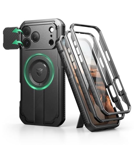 Image of Dexnor for iPhone 17 Pro Max Case, [2 Front Frame & Built-in Flip Camera Cover & Kickstand], Compatible Wireless Charging, Heavy-Duty Shockproof Portection Case with Screen Protector, 6.9 inch Black