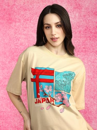 Image of JUNEBERRY 100% Pure Cotton Oversized Loose Fit Half Sleeve Cool Front Chest Graphic Printed Round Neck Drop Shoulder T-Shirt for Women S to 2XL