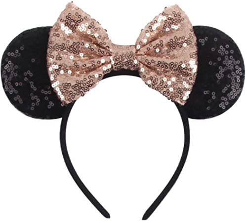 Image of CLGIFT Rose gold Minnie Ears, Iridescent Minnie Ears, Silver gold blue minnie ears, Rainbow Sparkle Mouse Ears,Classic Red Sequin Minnie Ears (Rose gold and black)