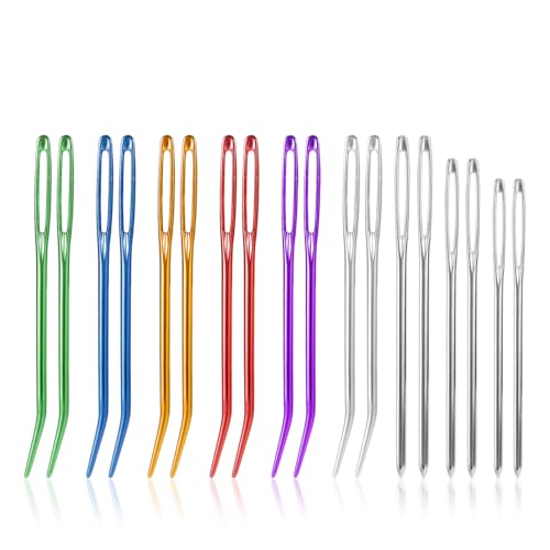 18pzs Ojo Grande Agujas Coser, Aluminio Ojo Grande Hilo Aguja Kit con Punta Recta & Curvada Herramientas Tejer Manual para Acolchar Crochet Bordar Proyectos Tapicería