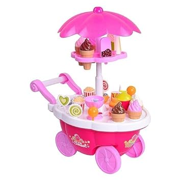 KOBBET Musical Sweet Cart for Kids Pretend Play Toy for Kids Ice-Cream Trolley for Kids Kitchen Toy Candy Cart Toy for Girls Sweet Shopping Cart Play Toy Set Role-Play Toy Sweet Shop for Kids