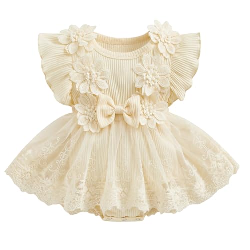 imKutie Baby Girl Romper Dress, Newborn Infant Flower Lace Embroidery Ruffle Boho Princess Dresses Half 1st Birthday Gift Cake Smash Outfits Photoshoot Clothes 0-18 Months Apricot