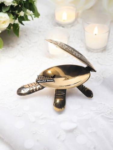 Image of Presents Feng Shui Tortoise Wish Fulfilling Brass Tortoise with Secret Wish Compartment Tortoise for Good Luck for Home [Peacock Design] Small weight-85gms