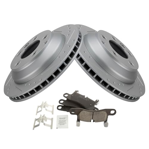 Image of TRQ Performance Rear Brake Pad and Rotor Set Ceramic Coated Drilled Slotted Rotors Compatible with 2011-2018 Porsche Cayenne 2011-2017 Volkswagen Touareg