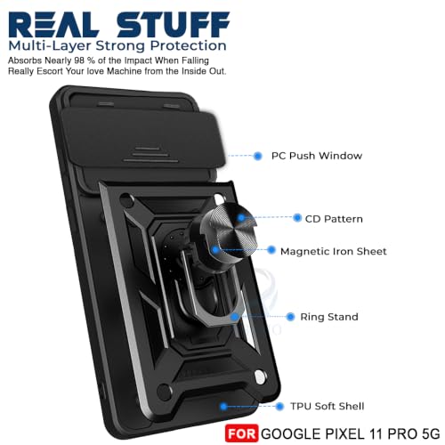 Image of AESTMO Tough Armor Google Pixel 11 Pro Bumper Back Case Cover | Ring Holder & Sliding Camera Shield Cover | 360 Degree Protection Back Case Cover for Google Pixel 11 Pro (Black)