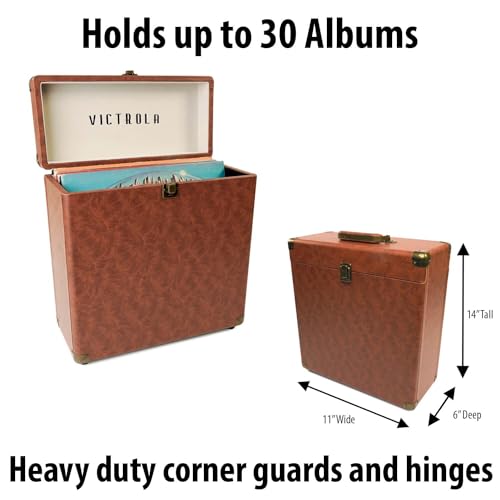 Image of Victrola Collector - Vinyl Record Storage Case, Holds 30+ LPs - Brown | Vinyl record storage case, holds 30+ LPs (33 /45 /78), corner guards, heavy-duty hinges, dust and scratch protection
