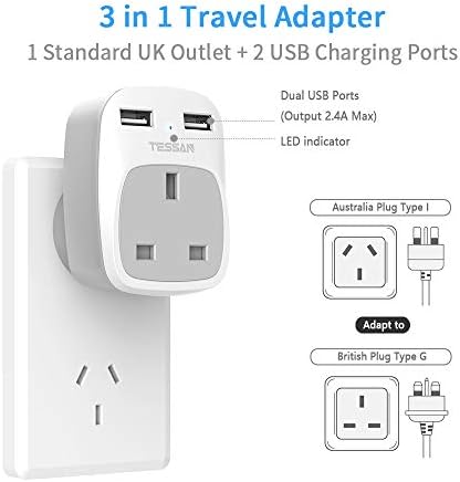 Australia China Plug Adapter with 2 USB Ports, TESSAN Grounded AU Outlet Travel Adapter, 3 in 1 Power Adaptor for UK to Australian New Zealand Fiji Argentina and more (Type I)