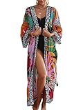 ZSWDXX Women Colorful Leaf Print Long Kimono Cover Up Open Front Bathing Suit Dress Lightweight Cardigan Black