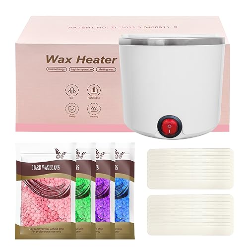 Creacloud Mini calentador de cera depilatoria, máquina de cera caliente para depilación con recipiente de silicona de 200 ml, kit completo de 4 perlas de cera y 20 espátulas (blancas, redondas)