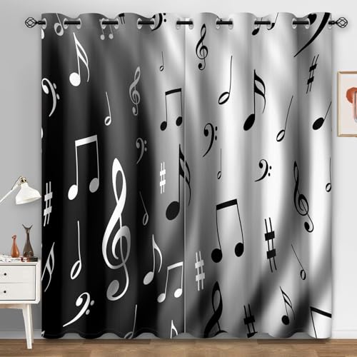 Cortinas Salon Dormitorio Música Gris Negro Cortinas Termicas Aislantes Frio y Calor Poliéster Lavable Habitación Infantil Decoración Cortina Opaca con Agujeros 2 Piezas 2x140x250 cm