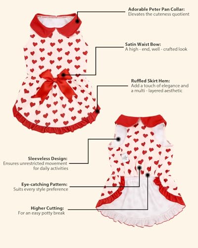 Image of CuteBone Romantic Red Heart Pet Dress with Peter Pan Collar - Pink & Red Pattern - Sleeveless Ruffled Skirt with Bow for Small Dogs, Cats - Valentine's & Daily Wear