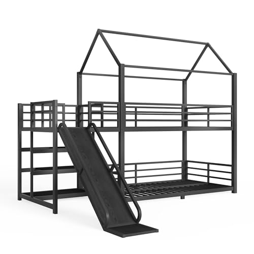 Image of Bellemave Metal Bunk beds Twin Over Twin with Slide and Storage Stairs, House Floor bunk Bed with guardrail for Kids,Black