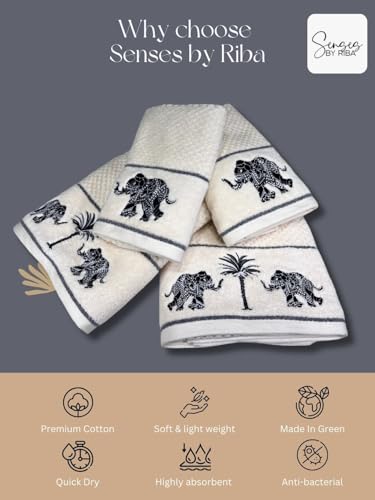 Image of SENSES By Riba Cotton Embroidered Towel Set, 550 GSM Soft & Absorbent, Antimicrobial, Oeko-Tex Certified | Ideal for Home & Gifting, Pack of 4 (2 Bath 27 inchX50 inch + 2 Hand Towels 16 inchX26 inch) - Style 16