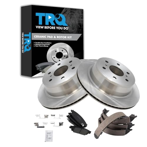 Image of TRQ Rear Brake Pad and Rotor Set Ceramic Compatible with 2014-2019 Chevrolet Silverado 1500 2015-2020 Tahoe Suburban GMC Sierra 1500 Yukon Yukon XL Cadillac Escalade Escalade ESV