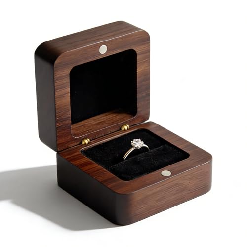 ZoVanHee Solid Black Walnut Wooden Ring Box with Single Slot Vintage Wooden Ring Storage Case Ring Gift Holder for Proposal Engagement Wedding Ceremony