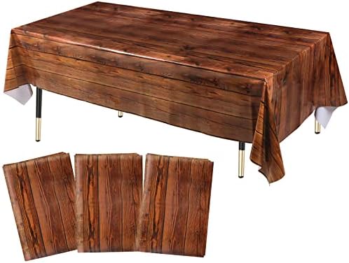 Lcoor 3 Pieces Brown Wood Grain Tablecloths, Disposable Vintage Rustic Plastic Table Covers for Rectangle Table for Western Barn Themed Birthday Wedding Party, 51 x 87 Inch