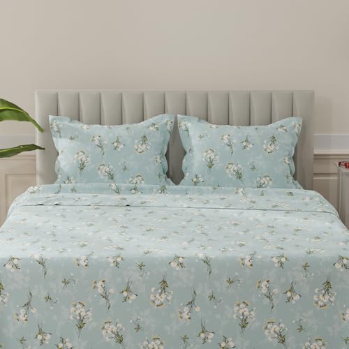 Image of Layers 100% Cotton Bedsheet for King Size Bed | Lumina Floret Collection | 144 TC Soft & Breathable | Printed with 2 Pillow Covers | Wrinkle Free & Colorfast | 3 Piece Bedding Set - Blue