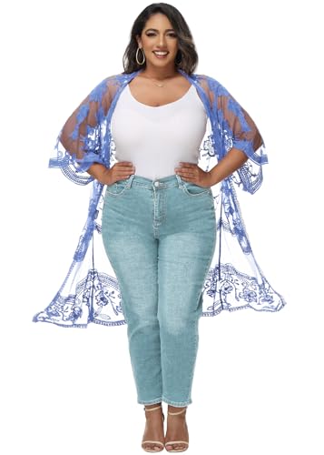 Image of Anna-Kaci Women's Plus Size Lace Cardigan Embroidered Long Kimono Dusters with Half Sleeves