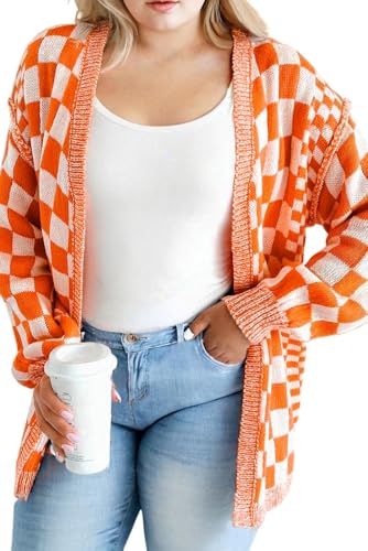 EARKOHA Womens Plus Size Checkered Cardigan Fall Bubble Sleeve Drop Shoulde Knit Open Front Outwear