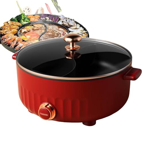 forplubossmmp Olla Caliente Eléctrica con Divisor | Sartén De Doble Cara De 6 litros | Multicocinas Eléctricas para 2-8 Personas | Ollas Calientes Eléctricas Divididas con Tapa De Olla Visual,Red