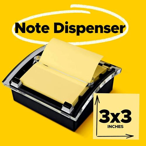 Post-it Note Dispenser, Sticky Note Holder, Black Base, Clear Top, Includes 50 Sheets of 3 in x 3 in Canary Yellow Pop-Up Notes, Classroom or Office Supplies