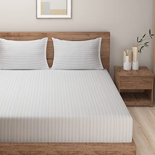 Image of Swayam 100% Cotton Double Bedsheet with 2 Pillow Covers | 300 TC Soft Breathable Bed Sheet | Striped Printed | Size 90 x 108 inch | Comfortable & Durable for Bedroom - White