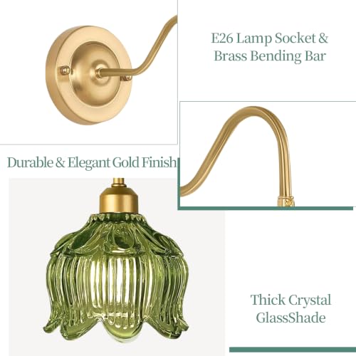 Image of Vintage Plug in Wall Sconces Set of Two,Dimmable Wall Sconces Lights with Plug in Cord & Glass Lampshade,Gold Flower Hanging Wall Sconces Wall Decor Set of 2 Plug in Wall Lamp Sconces for Bedroom