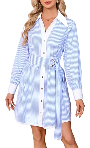 Image of YEXPINE Womens Striped Shirt Dress Long Sleeve Button Down V Neck Mini Tunic Dress Belted Workwear Dresses with Pockets