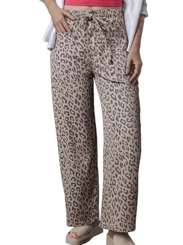CHARTOU Women's Leopard Baggy Jeans Drawstring High Waist Cheetah Denim Wide Leg Pants with Pockets (Large,Khaki)