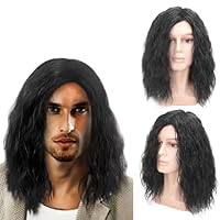 TSHAOUN Lange Schwarz Perücke für Herren, Männer Perücken Lange Lockige Welle Geschichtetes Haar Herren Kostüm Hippie Rockstar Herrenperücke für Halloween Cosplay Täglich Fasching Perücke (Schwarz)