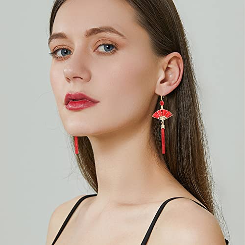Red Fan Tassel Earrings Chinese for Women Japanese Ethnic Drop Cloud Aesthetic Hanging Dangle Jewelry Stud Earrings2