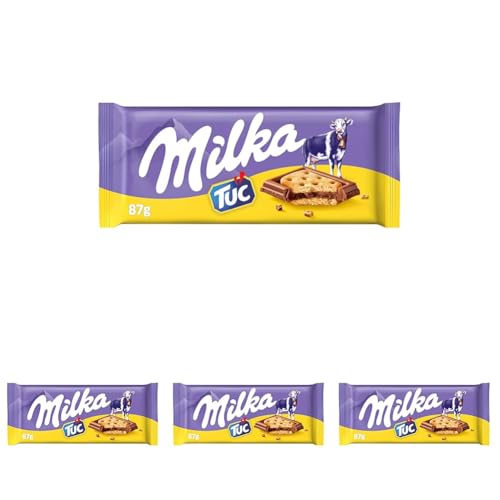 Milka TUC Tableta de Chocolate con Leche de los Alpes Cubierta con Galletas TUC 87g (Paquete de 4)