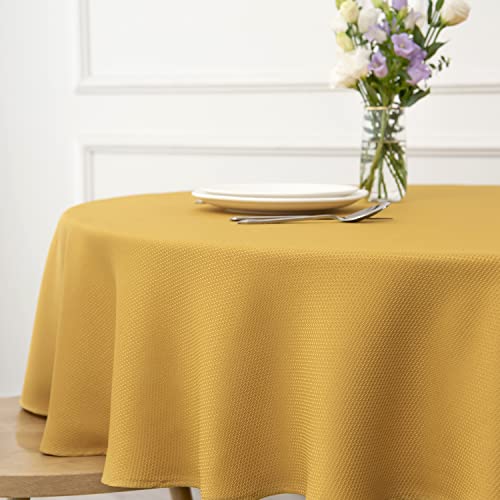 Image of maxmill Round Textured Tablecloth Spill-Proof Wrinkle Free Soft Jacquard Table Cloth for Circular Table Cover, for Dining Room Buffet Banquet Parties Holiday Dinner, 70 Inch, Ochre Yellow
