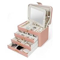 KAMIER Joyero grande, joyero con 4 para mujer, caja de joyas con espejo, cajones y cerradura, piel sintética, multifuncional, con asa, caja de joyas, forro interior de terciopelo