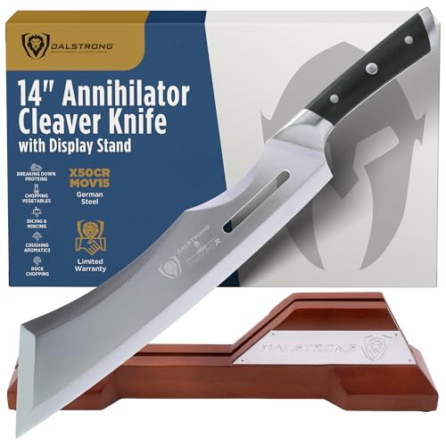 Dalstrong Annihilator 14' Meat Cleaver — 6mm Thick, 2.9 lbs, 7CR17MOV Carbon Steel (60 HRC), Full-Tang G-10 Handle — For Whole-Animal Butchering, BBQ Pitmasters & Serious Kitchens — Wood Stand