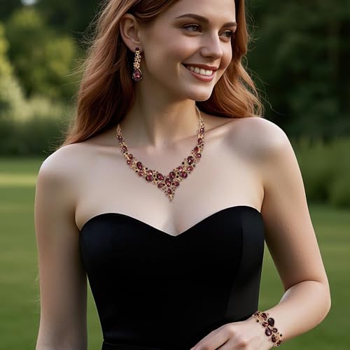 BriLove Wedding Bridal Jewelery for Women Austrian Crystal Teardrop Cluster Statement Necklace Dangle Earrings Link Bracelet Set3