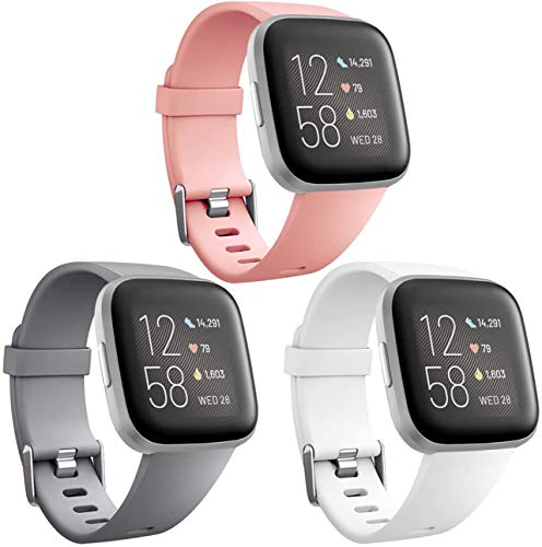 Wepro Bands Compatible with Fitbit Versa/Fitbit Versa 2/Fitbit Versa Lite SE SmartWatch for Women Men, Sports Replacement Wristband Strap for Fitbit Versa Watch, Small, 3 Pack, Gray, Peach, White